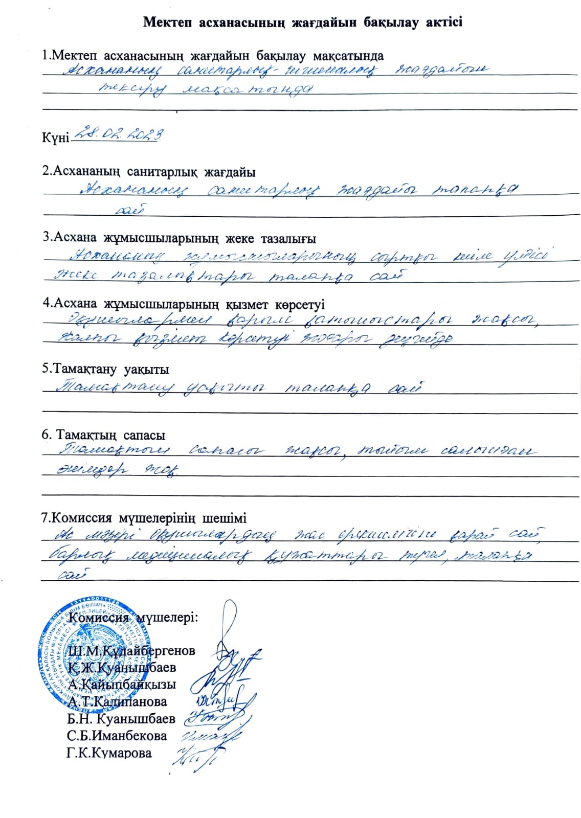 Тамақтану 2023: Бақылау актісі - ақпан